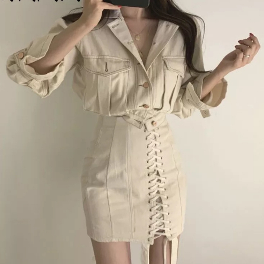 Contrast stitch white Jean jacket corset skirt set 2 piece buttons pockets